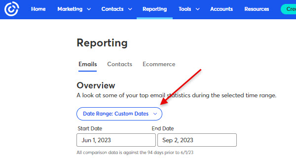 Image shows how to select a date range for analyzing email marketing emails you've sent using Constant Contact