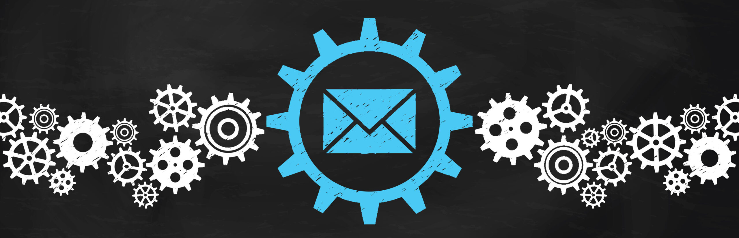 Email marketing power symbolized by blue envelope and gears.