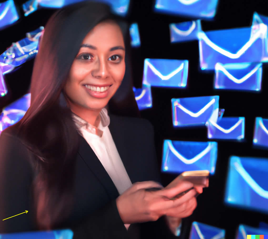 ai-generated image of female businessperson sending email. Seems to be image of a horse's head on her sleeve